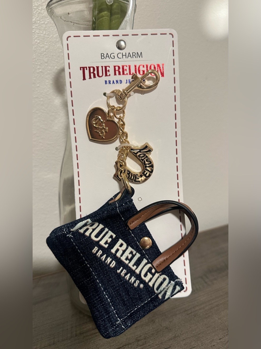 True Religion Denim Charm Keychain in Dark Blue and Brown with Gold Accents new